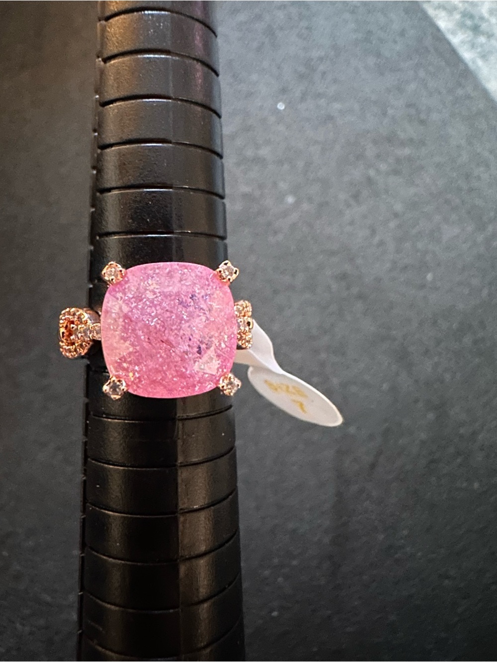 Bomb Party Pink Cushion-Cut Fashion Ring with Pink Accents with rose gold band.